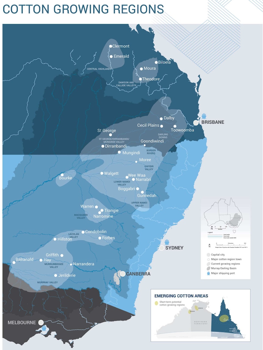 A map showing the cotton growing regions of Australia.