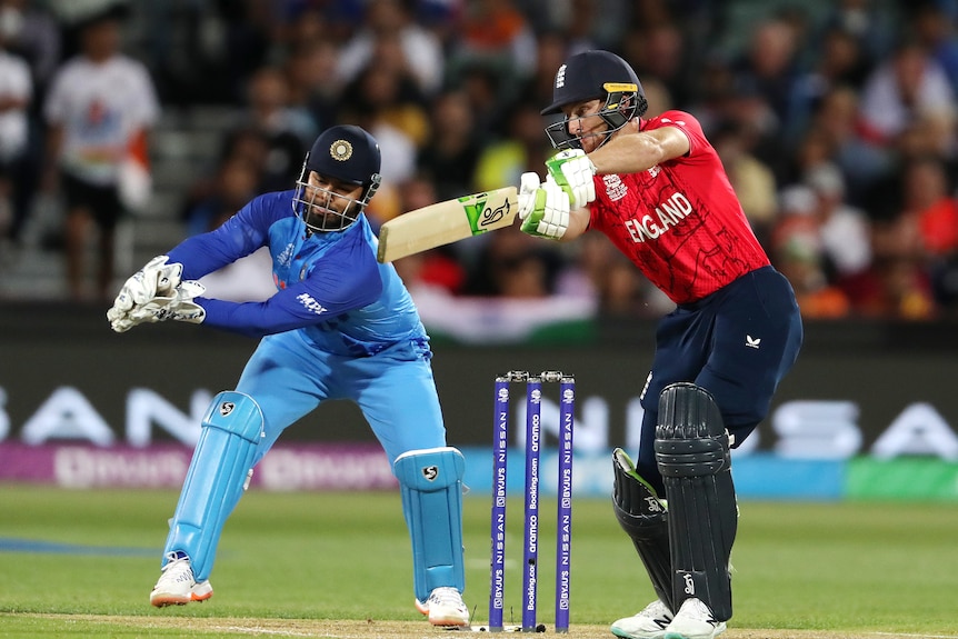 Jos Buttler plays through the off side as Rishabh Pant reacts behind the stumps