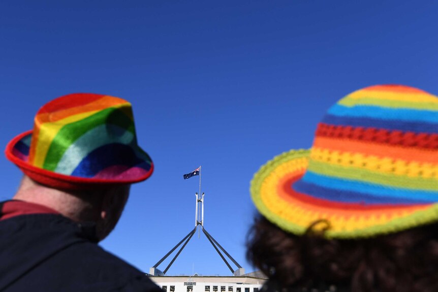 A man and a woman wearing rainbow hats look towards Parliament House.
