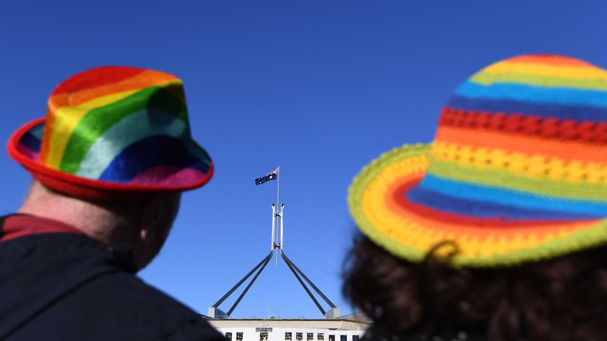 A man and a woman wearing rainbow hats look towards Parliament House.