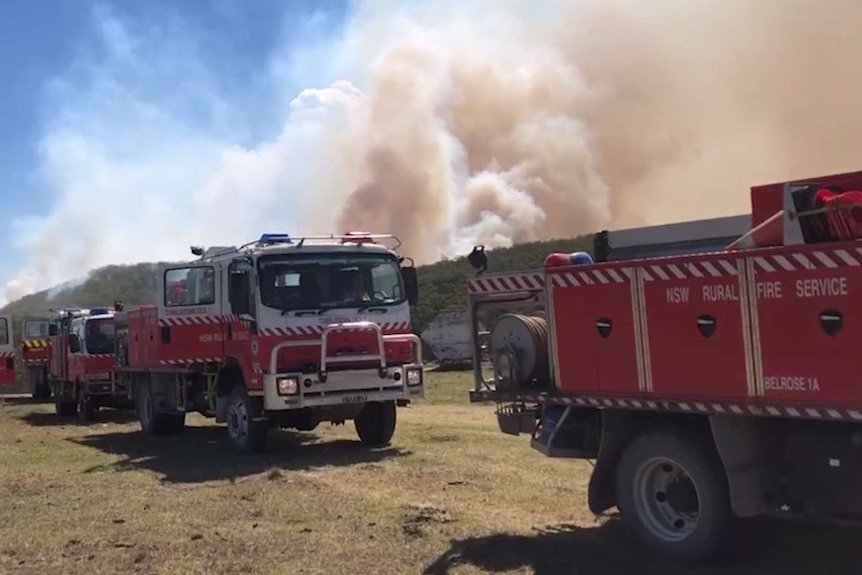 Four fire trucks in a national park with a huge cloud of smoke