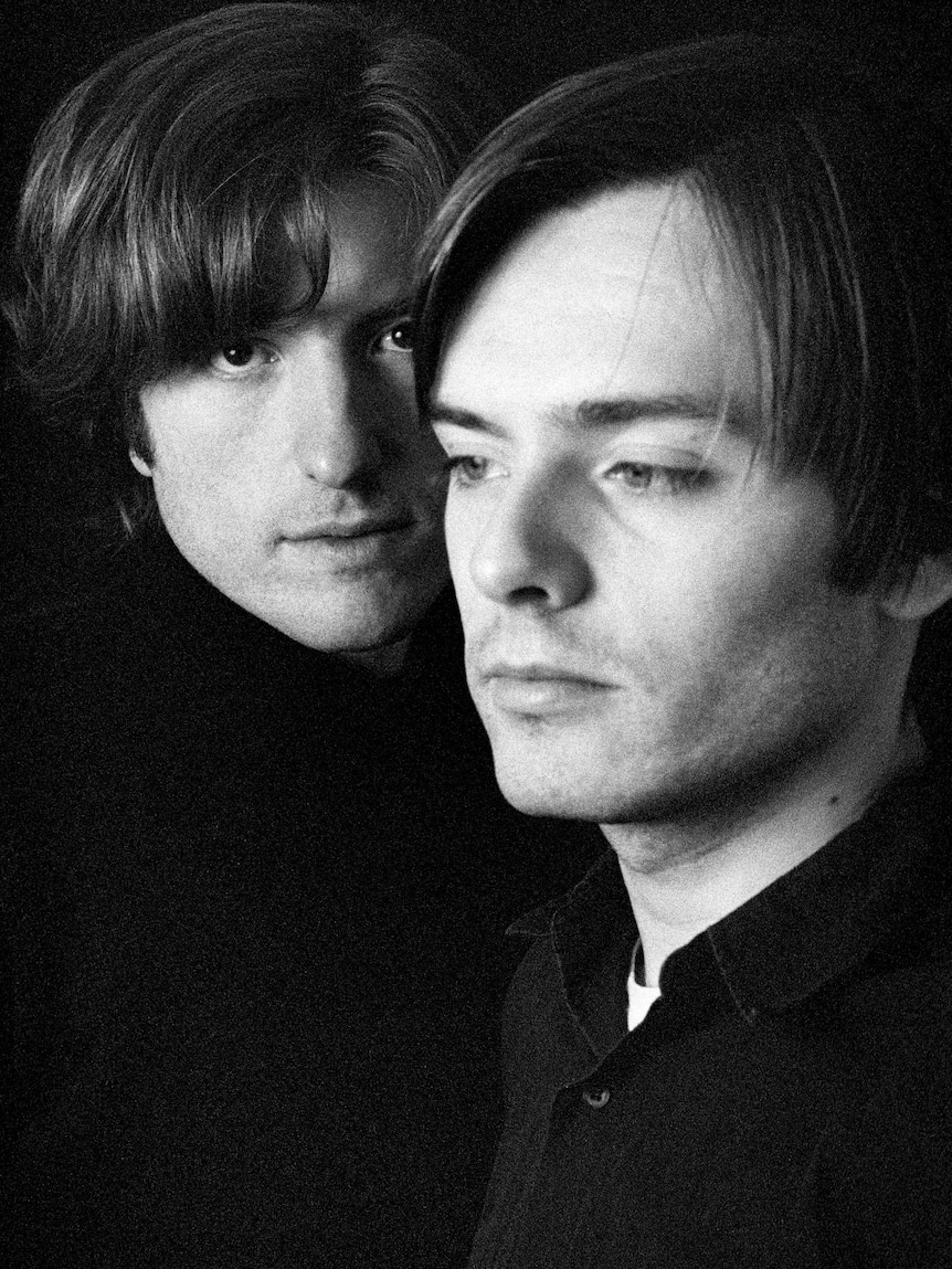 black and white portrait of French duo Air: Nicolas Godin and Jean-Benoit Dunckel