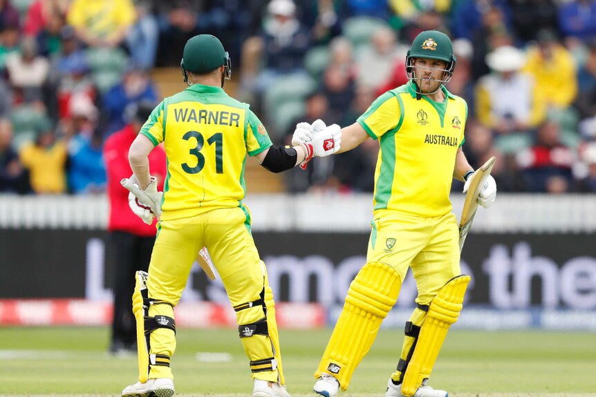 David Warner and Aaron Finch bump fists in the middle of the pitch.