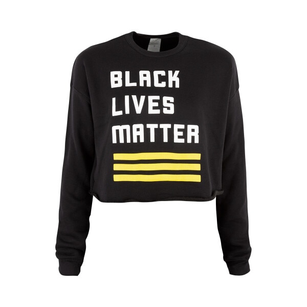A Black Lives Matter sweatshirt featuring the yellow three-stripe design.
