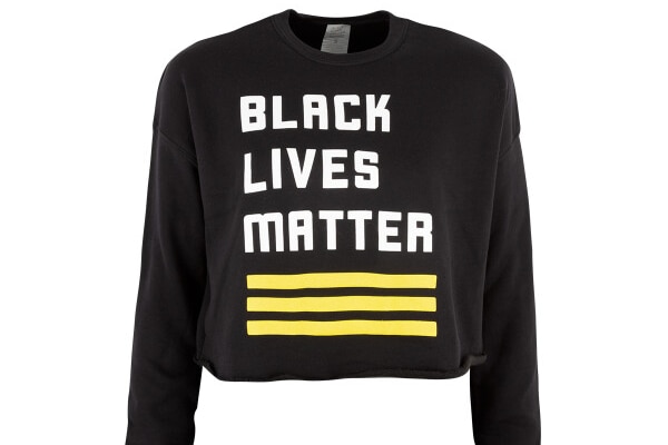 A Black Lives Matter sweatshirt featuring the yellow three-stripe design.
