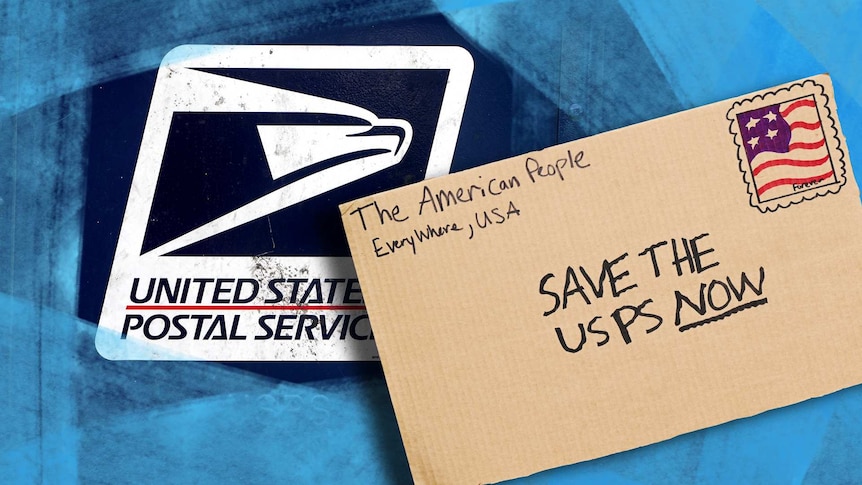 The US Postal Service logo and a mock letter made of cardboard from 'The American People Everywhere' saying 'Save the USPS Now'.
