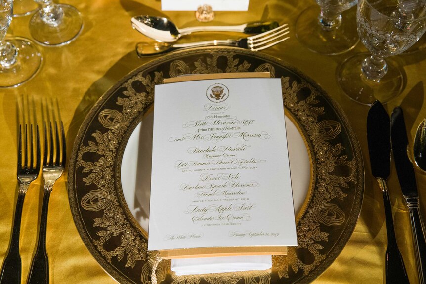 A table is set during a media preview for the State Dinner with President Donald Trump.