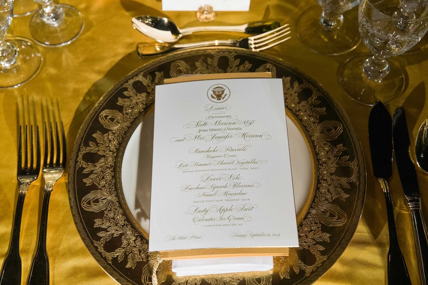 A table is set during a media preview for the State Dinner with President Donald Trump.