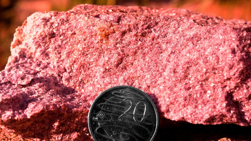Lepidolite next to a 20c coin, which is used to produce lithium carbonate for consumer electronic goods