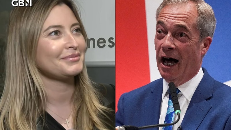 Holly Valance smiling on left of screen and Nigel Farage at a podium on the right. 
