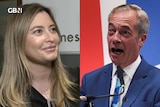 Holly Valance smiling on left of screen and Nigel Farage at a podium on the right. 