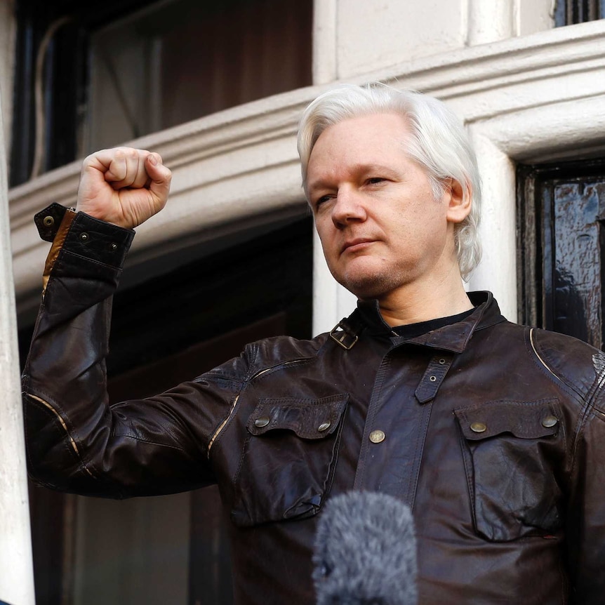 Julian Assange greets supporters outside the Ecuadorian embassy in London.