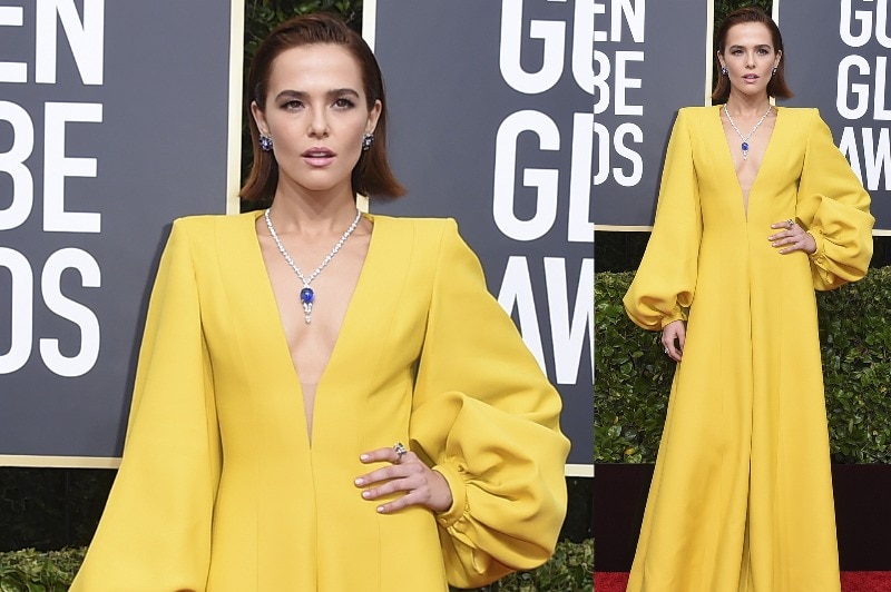 A composite of Zoey Deutch wearing a long-sleeved bright yellow dress with a blue pendant.