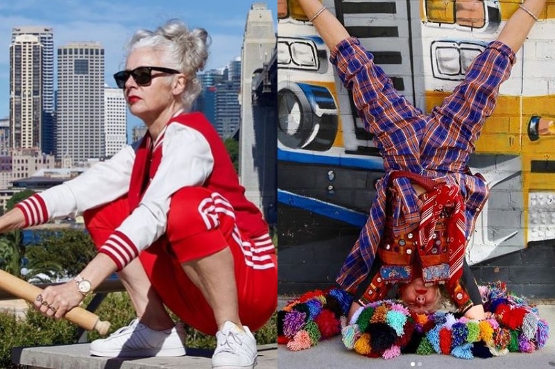 In one image, Sarah Jane wears a red and white tracksuit and sunglasses, In another, she does a handstand.