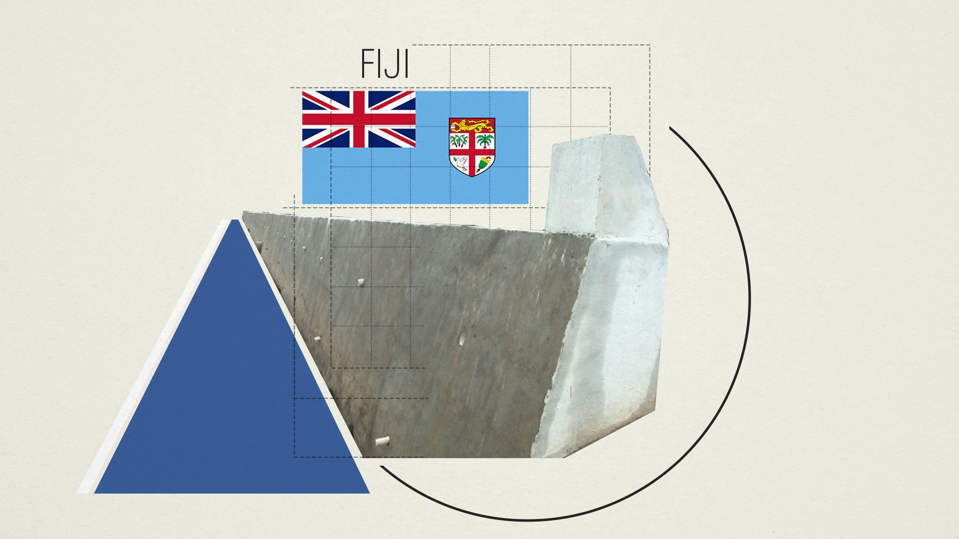 An image of Fiji flag and part of a concrete sea wall. 