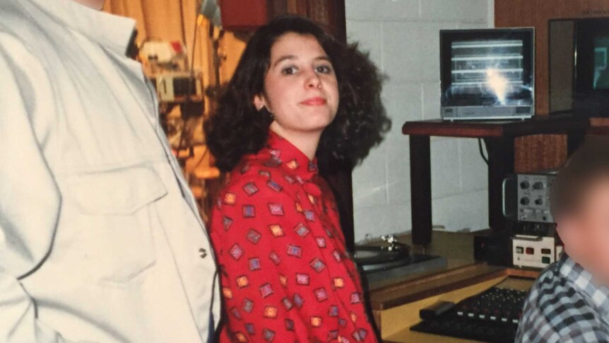 An old photo of Amanda Pepe in a television control room