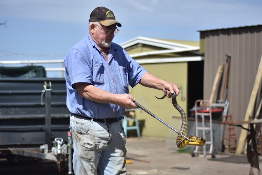 A man holding a snake near a shed.