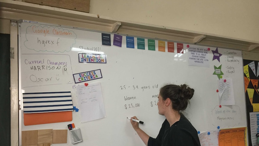 Bethany Corrigan writing on a whiteboard in her classroom