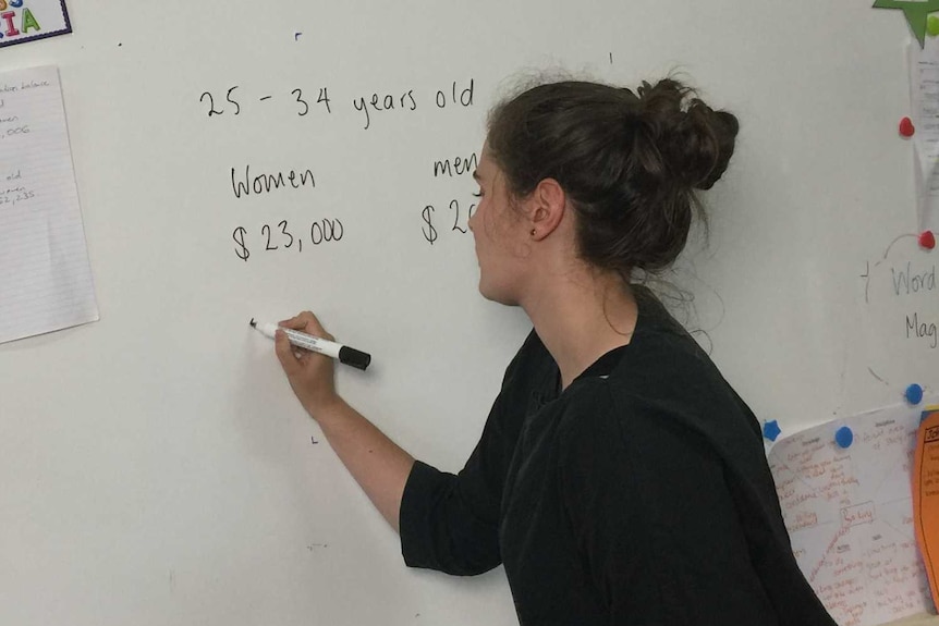 Bethany Corrigan writing on a whiteboard in her classroom
