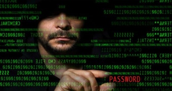 A man's face is seen against a black backdrop with green code in front and "password" written in red between his fingers.