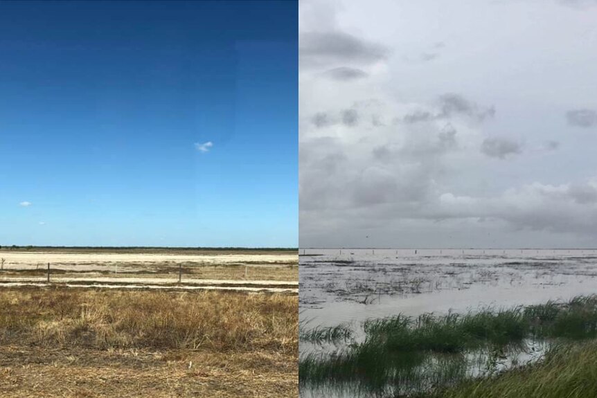 Composite image shows blue sky and dry landscape in before photo, next to green grass and flooded paddocks in after photo