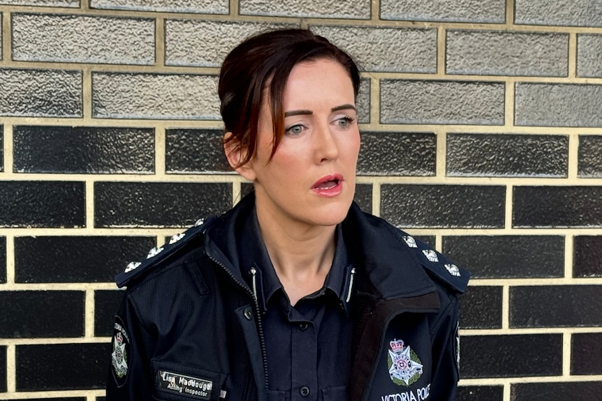Acting Inspector Lisa McDougall standing against a brick wall speaking into microphones. 