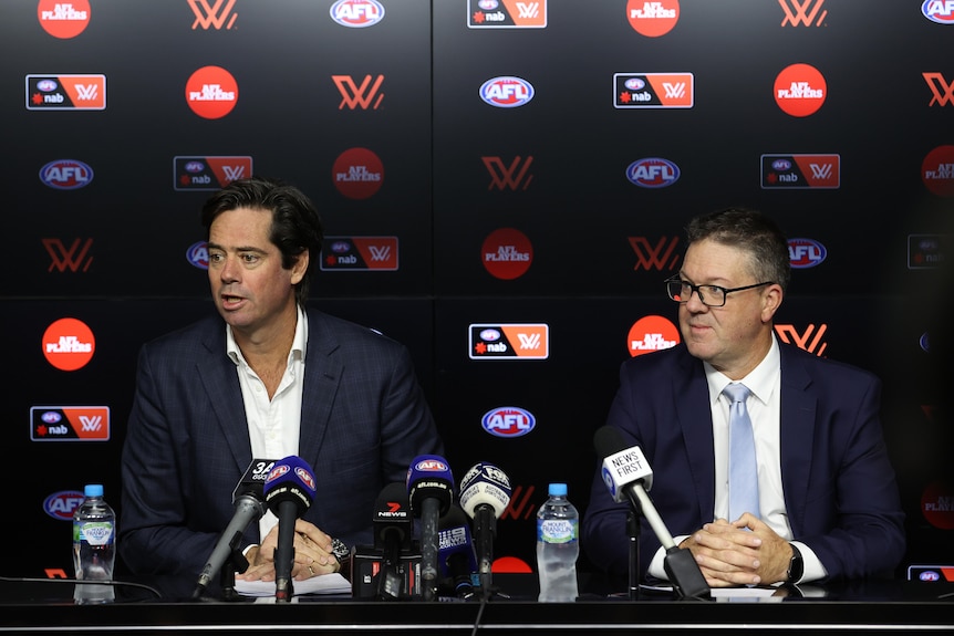 Gillon McLachlan and Paul Marsh speak to the media during an AFLW press conference