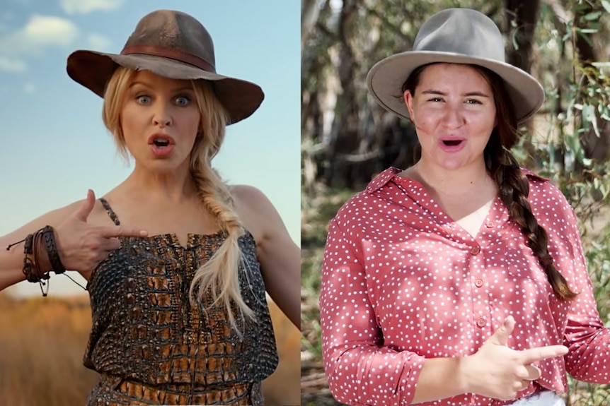 A composite image of Kylie Minogue and Lucy Sevil, both in big bush hats and plaited pony tails, singing in their videos
