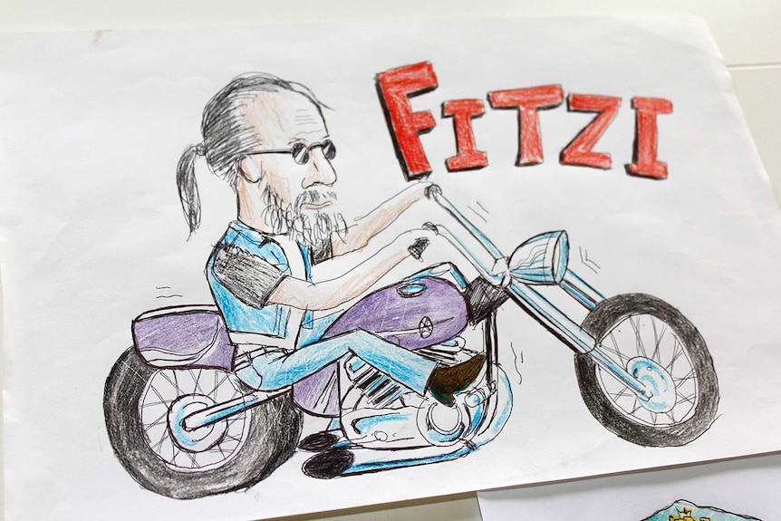 The drawing showing Fitzi on a motorbike