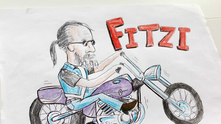 The drawing showing Fitzi on a motorbike