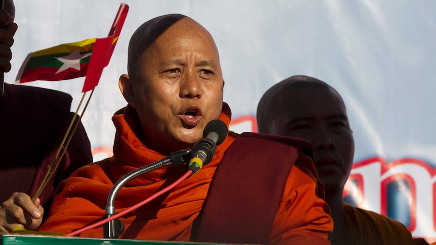 Nationalist Buddhist monk Wirathu addresses a rally in Yangon.