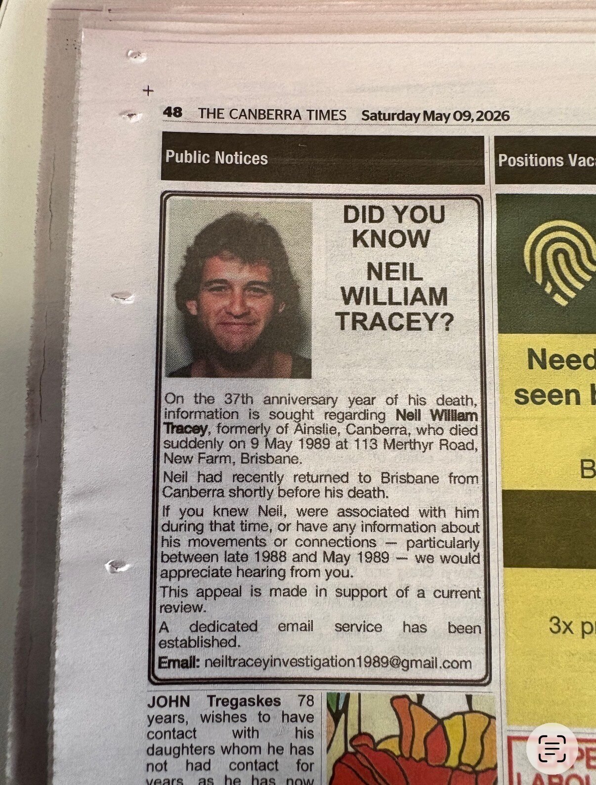 A newspaper clipping of a public notice about a missing man.