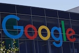 The Google logo at the company's headquarters. The logo is the company name with blue, red, yellow, blue, green and red letters.