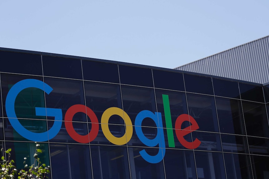 The Google logo at the company's headquarters. The logo is the company name with blue, red, yellow, blue, green and red letters.