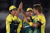 Australia celebrates a wicket against England