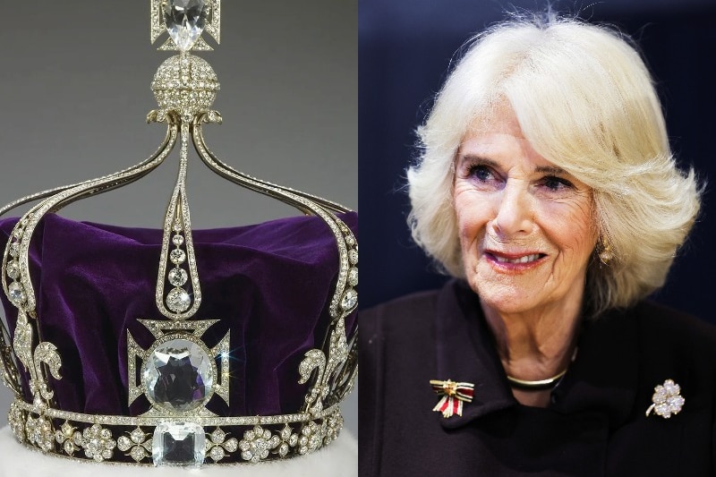 A composite of Queen Mary's crown and Queen Consort Camila.