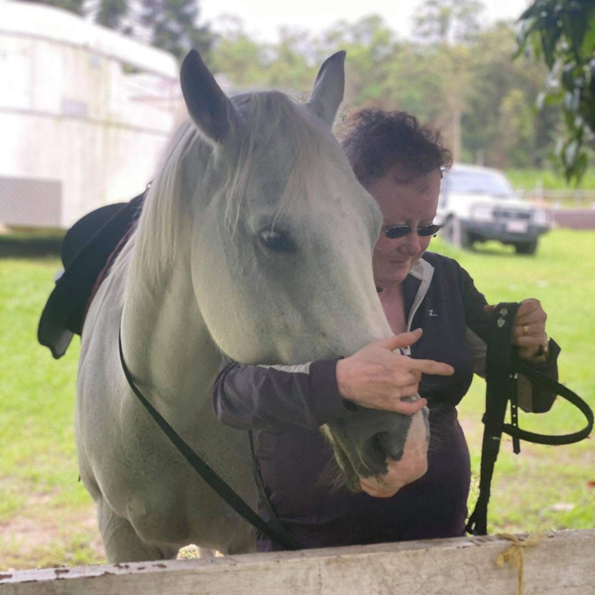 A woman in a purple shirt putting a bridle on a white horse