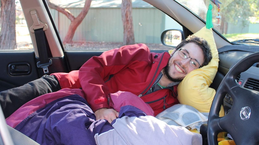 ANU student Joseph Frawley, sleeping in his car for 15 weeks to raise funds for St Vincent de Paul.