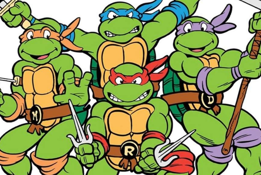 Four cartoon turtles wear different coloured masks and wield weapons.