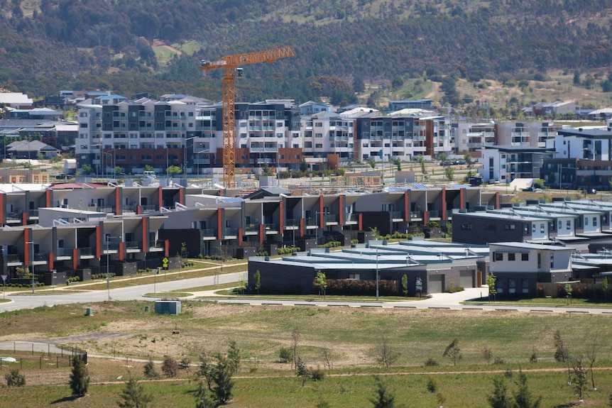 A crane over a lot of townhouses and apartments in the Molonglo Valley.