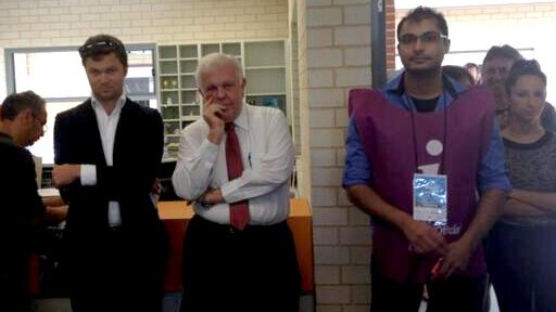 Joe Bullock waits for fellow Labor candidate Louise Pratt to vote below the line in the WA Senate election re-run.