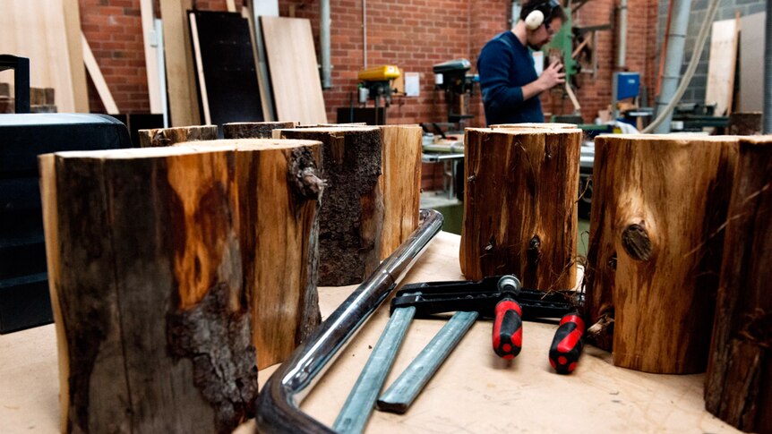 Duncan Meerding uses knife blocks and saws in the process of created his work.