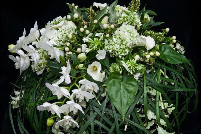 A bouquet of white flowers with green foliage pictured against a black background.