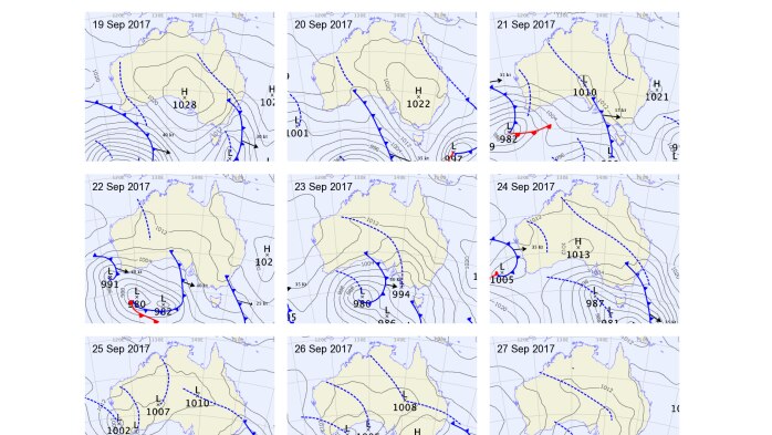 12 synoptic maps of Australia showing the high then frontal systems come though