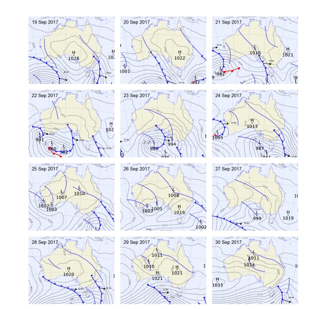 12 synoptic maps of Australia showing the high then frontal systems come though