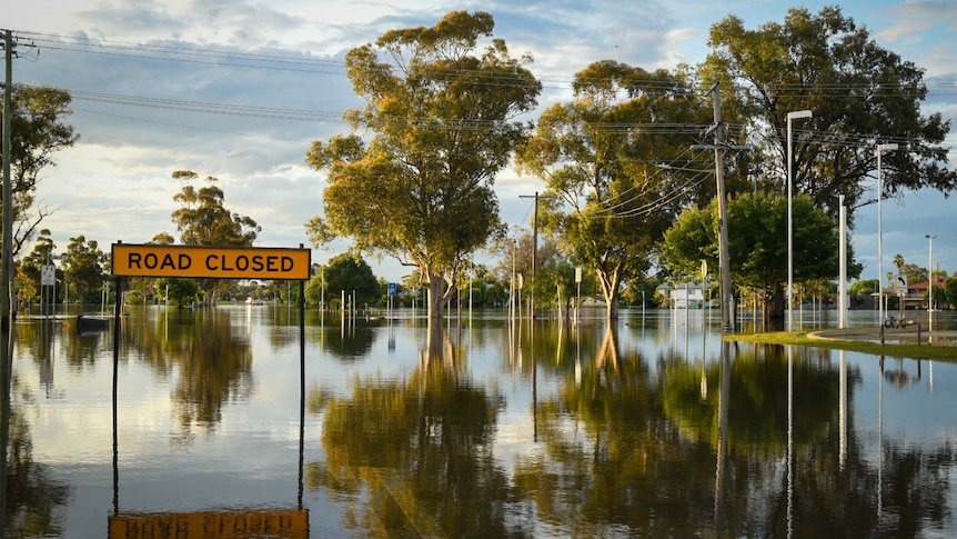Flood waters and a road closed sign