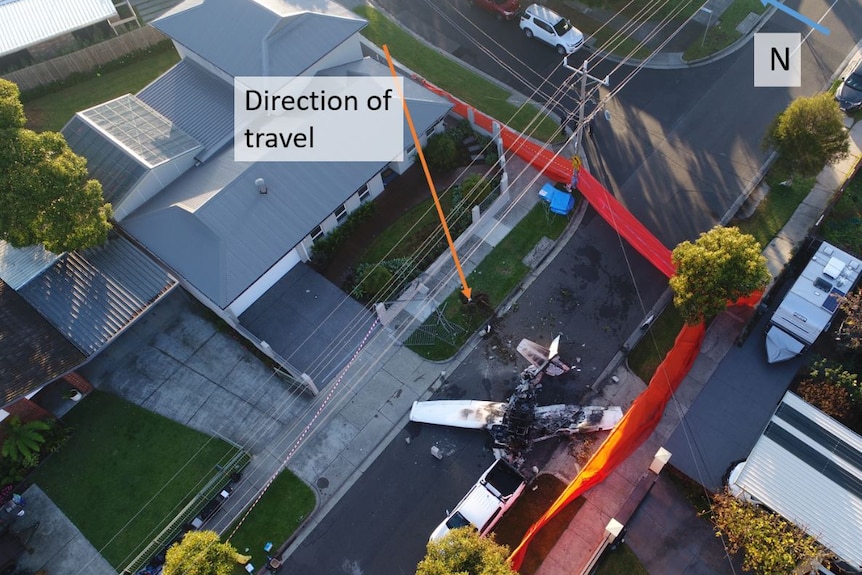 An ATSB aerial photo of the crash scene showing the direction the plane was travelling in when it hit the ground.