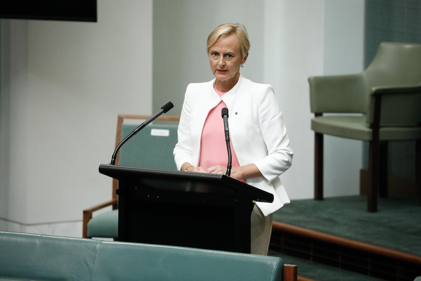 A woman with short blonde hair wearing a white blazer stands in the House of Representatives.
