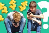 Two teenage boys on their phones sit next to each other, surrounded by dollar signs, to depict money lessons for teens.