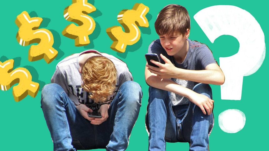 Two teenage boys on their phones sit next to each other, surrounded by dollar signs, to depict money lessons for teens.